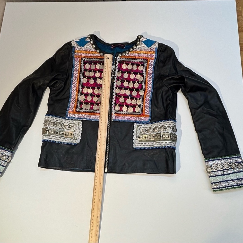 teté by Odette Embellished Leather Jacket Vintage Hmong Tribal OOAK Boho - Picture 12 of 16